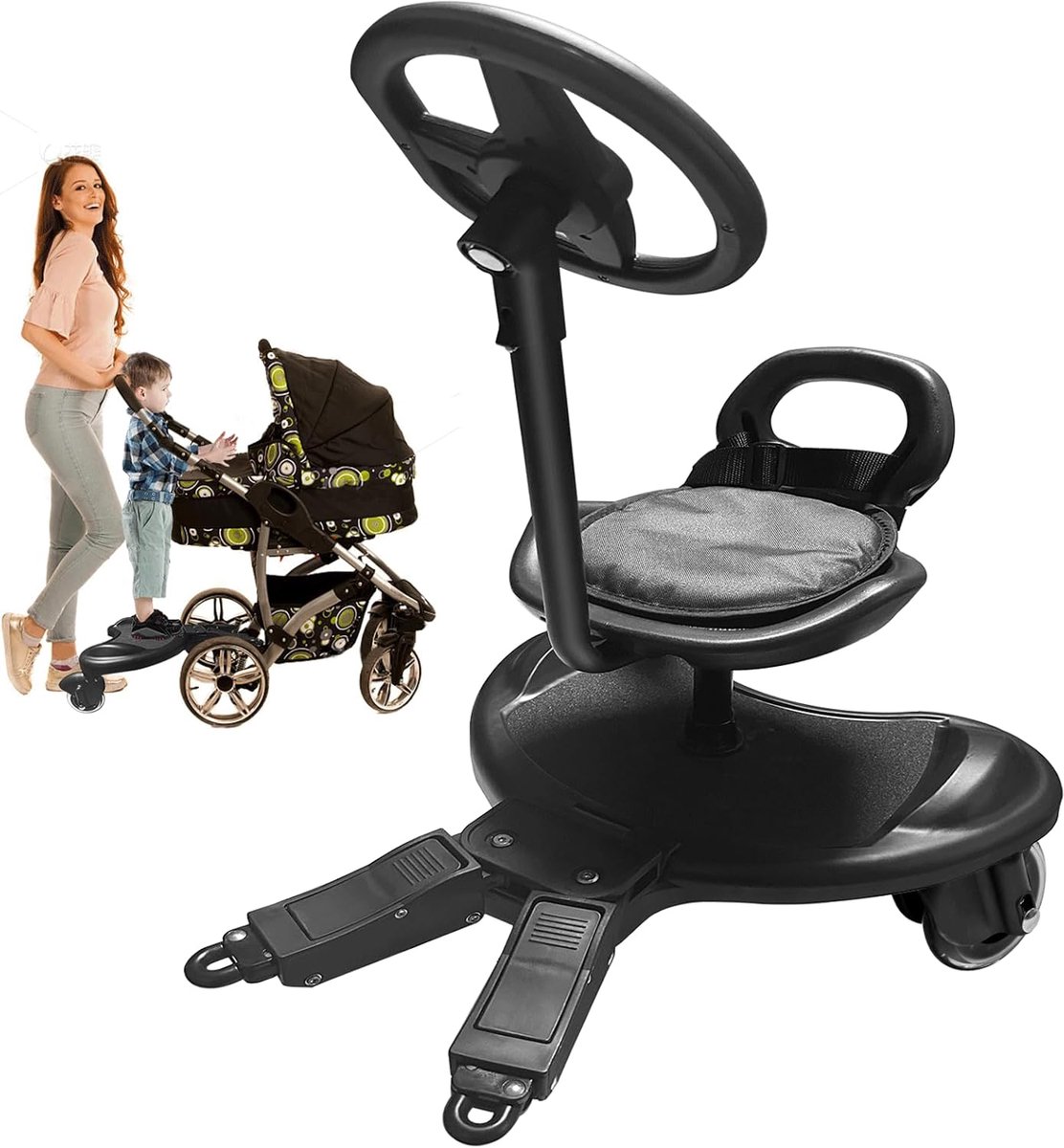 Thijox - Buggy Board met Zitting en Stuur, Universeel Opstapbord voor Kinderwagens, 360 Graden Draaibaar, Handwagen Platform voor Kinderen van 2-6 Jaa