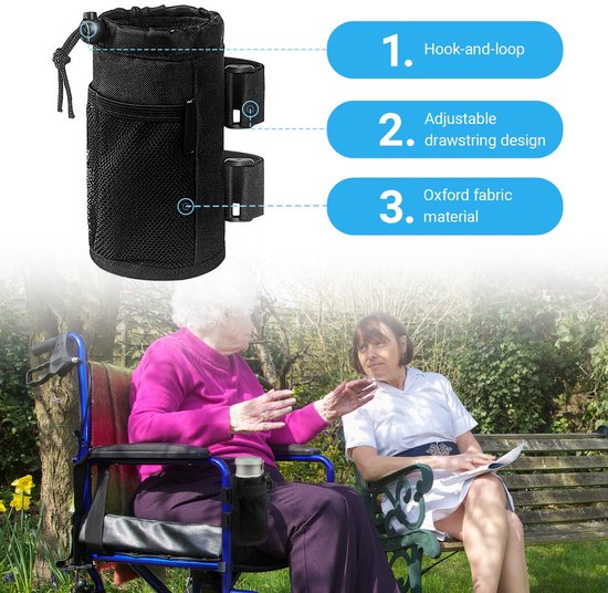 2 stuks - Bidonhouder fiets - Oxford Fleshouder - Oxford stof drinkhouder met klittenband - Bekerhouder buggy - with Mesh Pocket and Cord Lock - 17,5×8,5cm - Zwart - geschikt voor fiets, rolstoel, buggy en golfkar — afbeelding 3