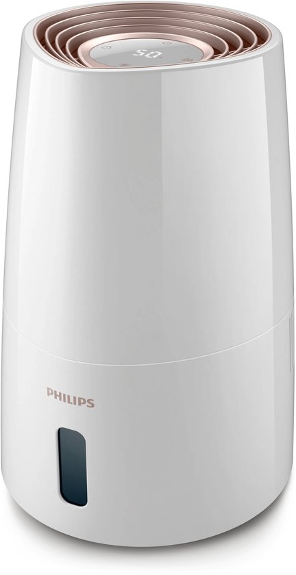 Witte Philips luchtbevochtiger met gouden rooster en een digitale display.