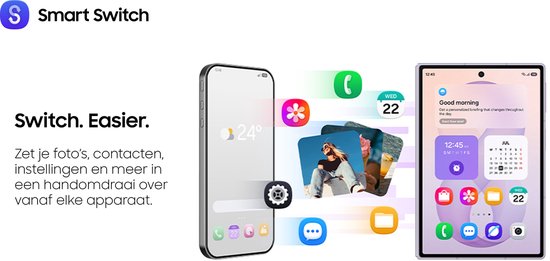 Samsung Smart Switch logo met een telefoon en tablet met diverse apps.