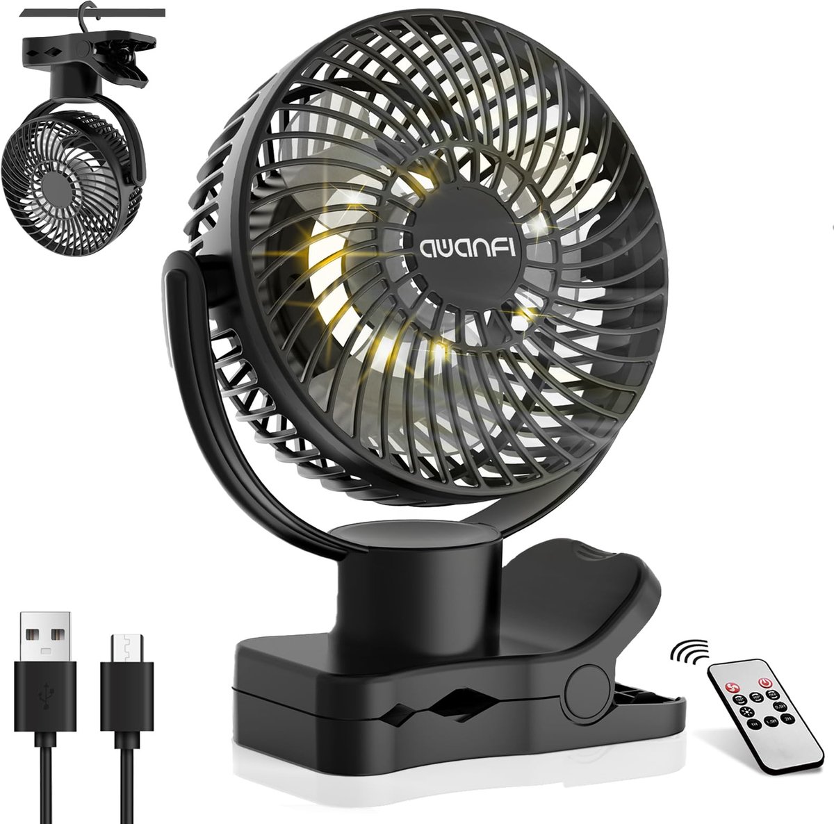 SnelShoppen - 10000 mAh USB-ventilator, Draagbare Klemventilator met Accu, Afstandsbediening, LED Licht, 360° Draaibaar, Mini-tafelventilator voor Thu