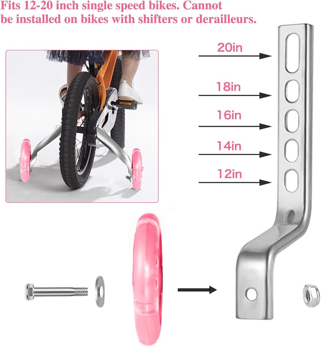Universele Steunwielen voor Kinderfietsen met Flitswielen - Geschikt voor 12 tot 20 Inch Enkele Versnelling Fietsen (Roze)