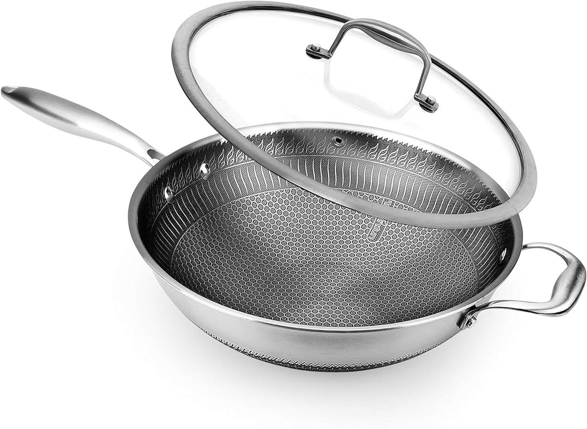 Wok Pan - Roerbakpan Koekenpan - Snel Koken - Krasbestendig Patroon - 30cm Diameter - Zilverkleurig