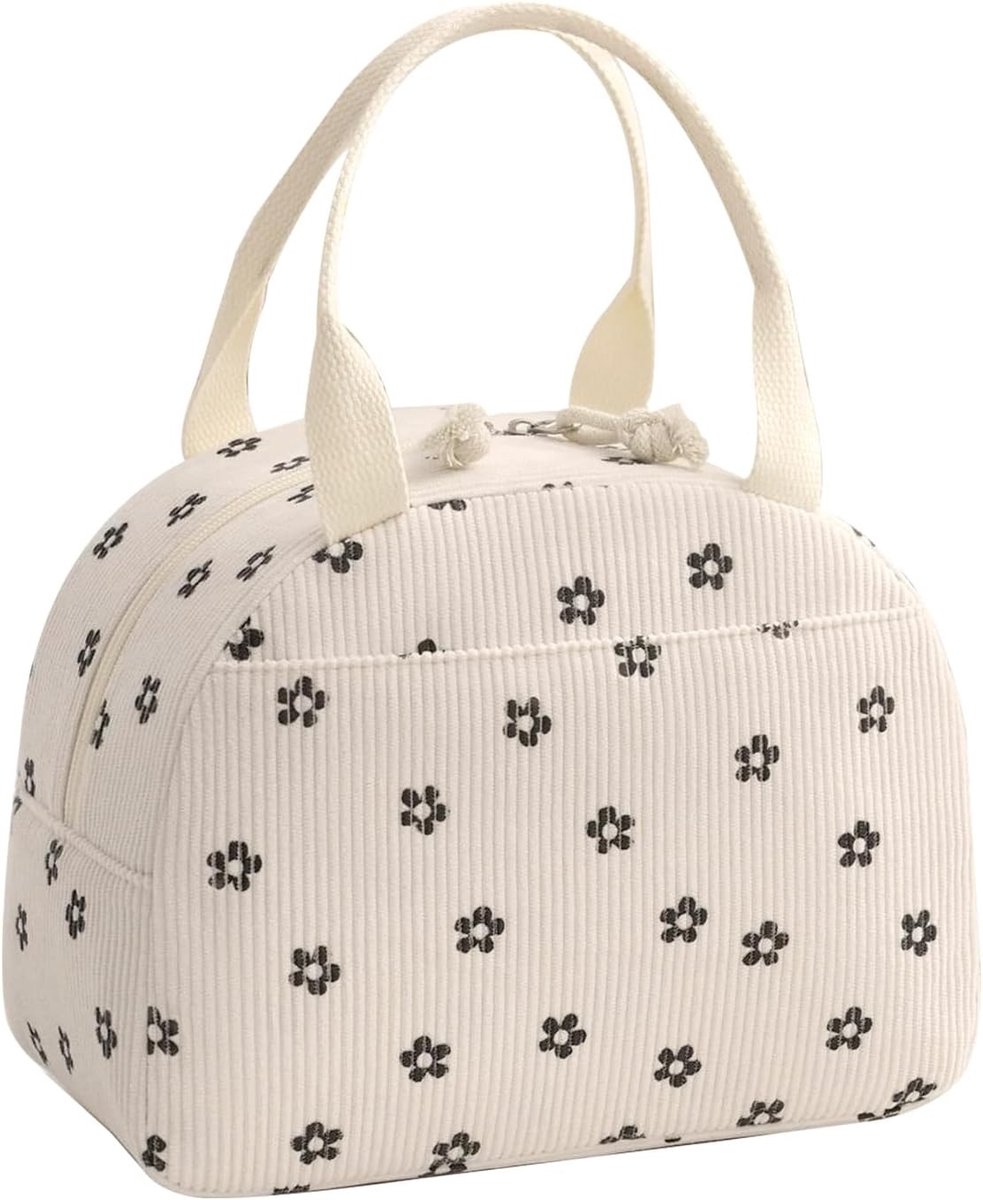 Draagbare Koeltas voor Vrouwen, Geïsoleerde Lunchbox voor Studenten, Werk en Picknick, Beige Bloemen Design