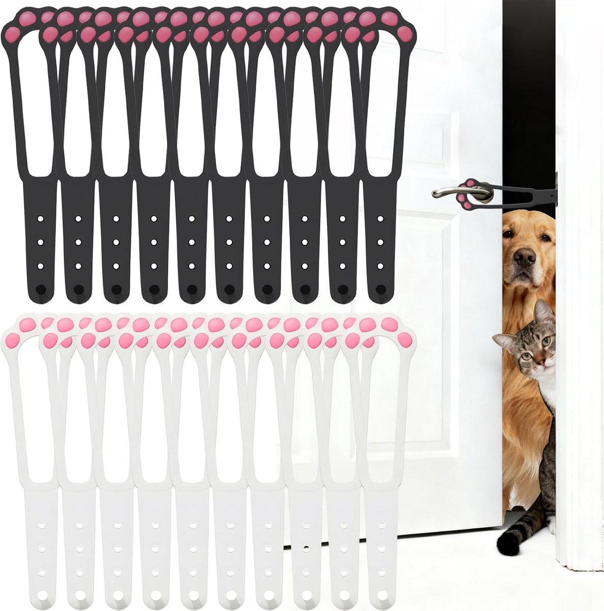 Set van 20 Verstelbare Deurhouders voor Katten, Inclusief 10 Witte en 10 Zwarte Deurvergrendelingen, Ideaal als Deurstoppers voor Huisdieren en om Katten Binnen te Laten