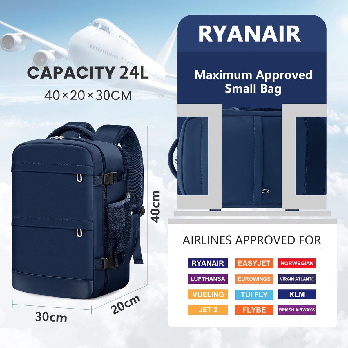 SnelShoppen - Handbagage Ryanair Kabinentas Rugzak - Blauw Weekenduitstapjes 40x30x20 cm - Ruime Reishandbagage voor Reis, Camping, Studenten