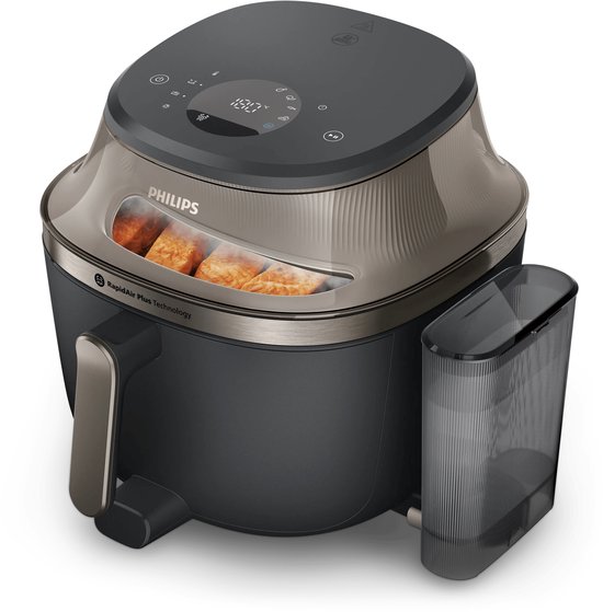 Philips Airfryer met glazen venster waarin gefrituurde kip wordt bereid. De airfryer is zwart en grijs met een digitale bediening.
