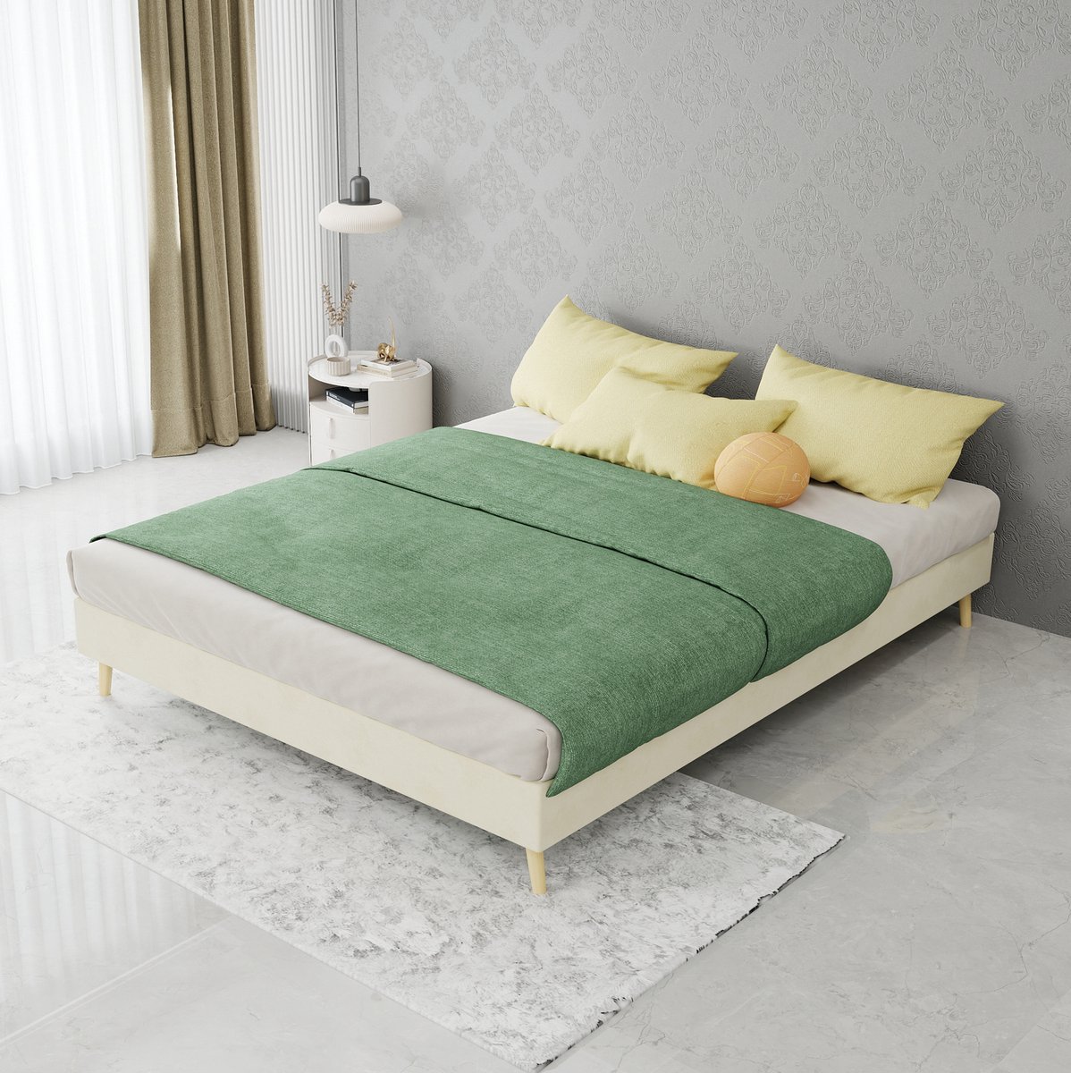 DESMIU Bed 140x200 cm – Tweepersoonsbed met Lattenbodem – Lage Bedombouw met Ruimte Eronder – Voor Slaapkamer – Stof – Beige – Zonder Matras