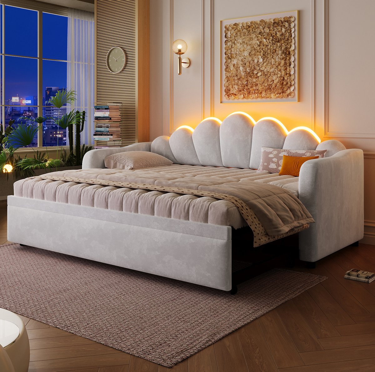 DESMIU Bedbank 90x200 cm – Gestoffeerd Bed Met LED-Verlichting En Uittrekfunctie – Extra Slaapplaats – Voor Slaapkamer Of Logeerkamer – Fluweel Grijs – Zonder Matras