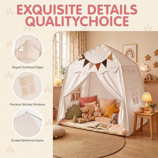 Opvouwbare tipi koepeltent, speelhuis voor kinderen, ideaal voor binnen en buiten, 150 x 100 x 150 cm, crème kleur — afbeelding 5