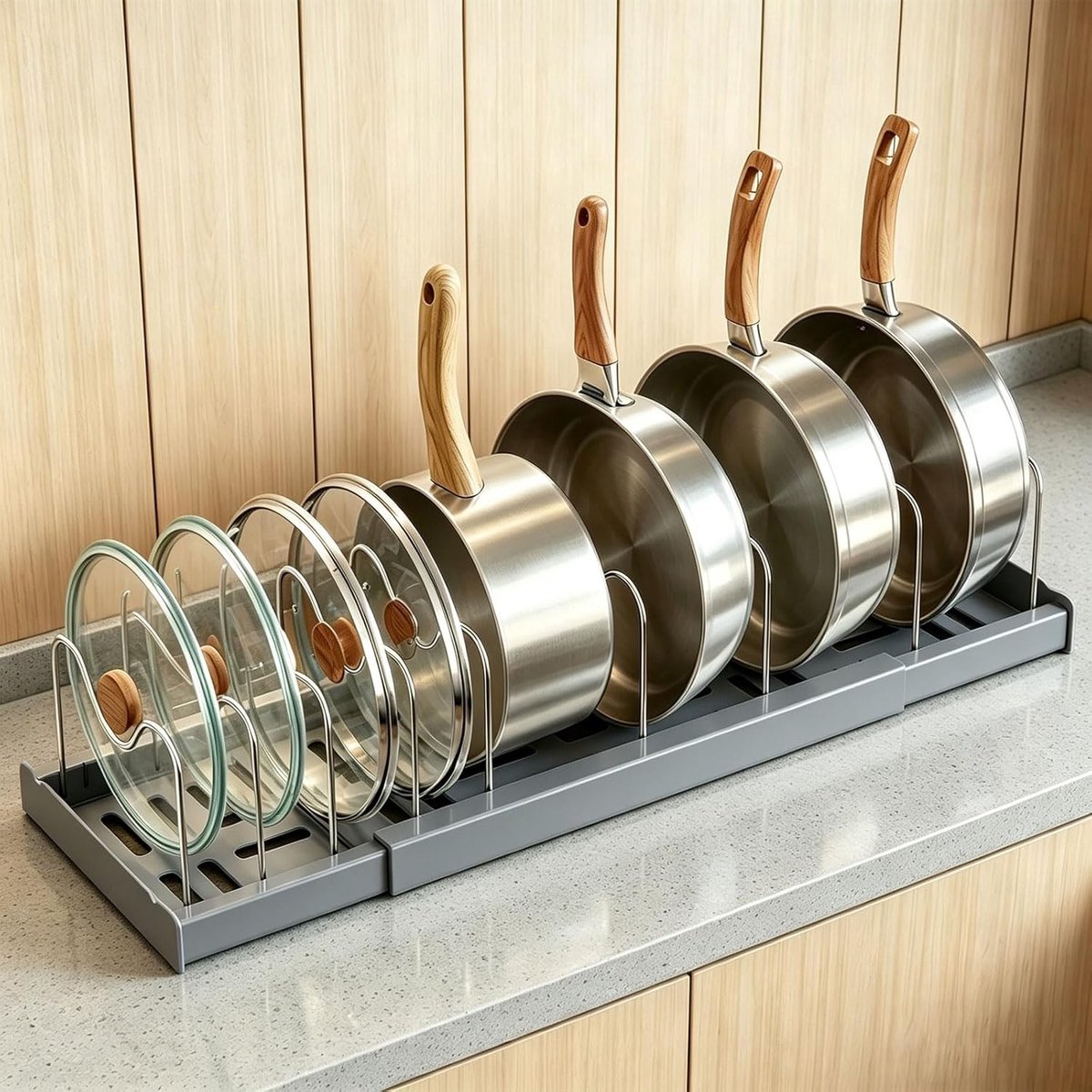 Verstelbare pannenorganizer met 9 verdelers, dekselhouder voor keuken, ruimtebesparende dekseloplossing en multifunctionele organizer (grijs)