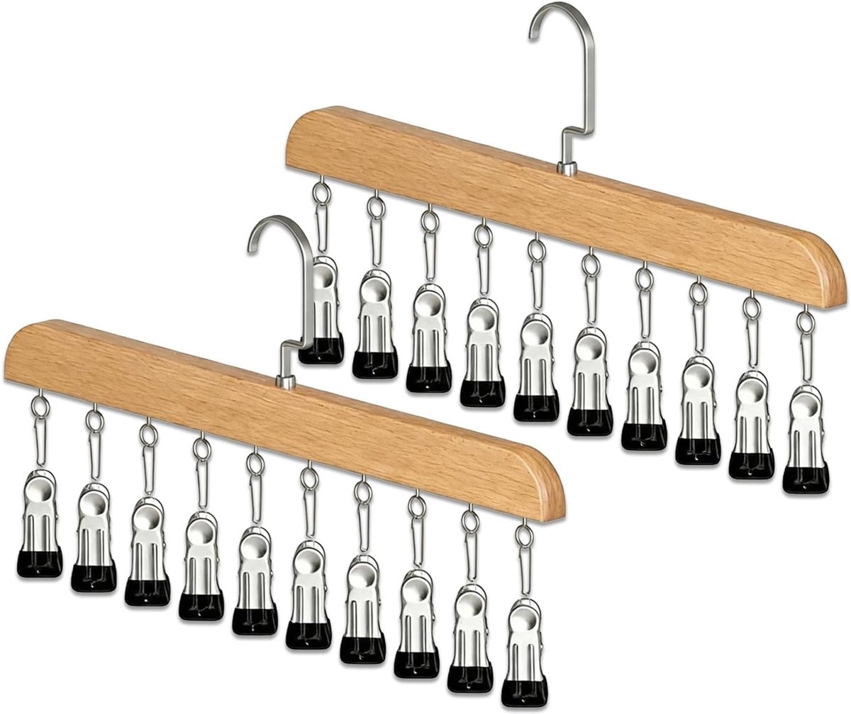 Houten kleerhangers met klemmen, 2 stuks broekhangers, 10 clips, houten kleerhanger met 360° draaibare haak - ShopVlot