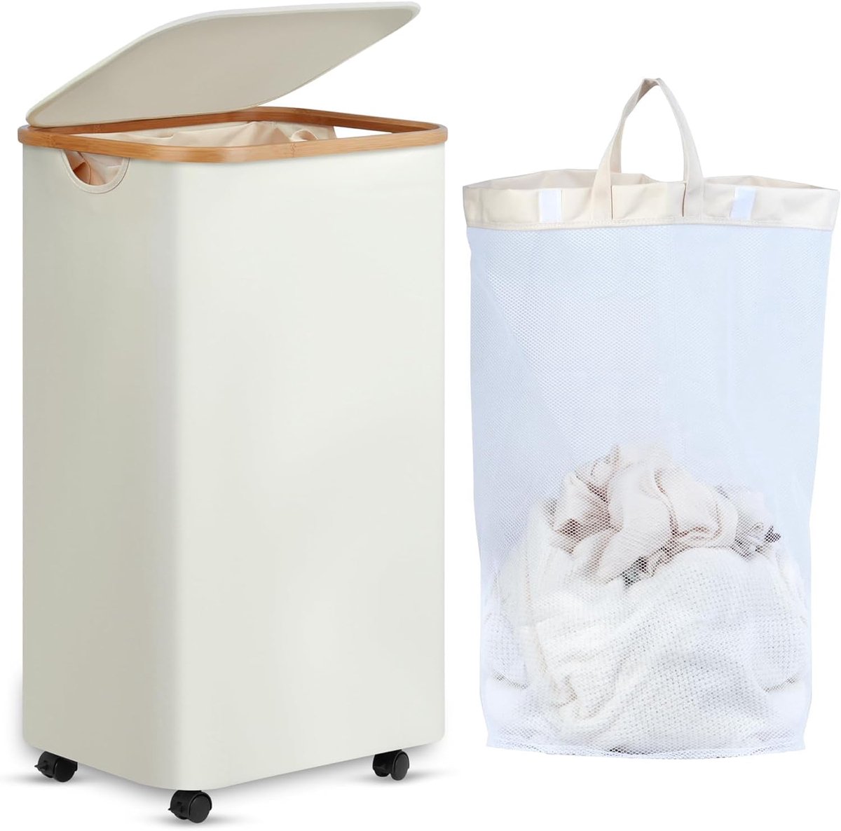 SnelShoppen - XL Wasmand met Wieltjes 100 Liter Beige Bamboe met Deksel en Uitneembare Wasbare Binnenzak voor Bijkeuken, Slaapkamer en Badkamer