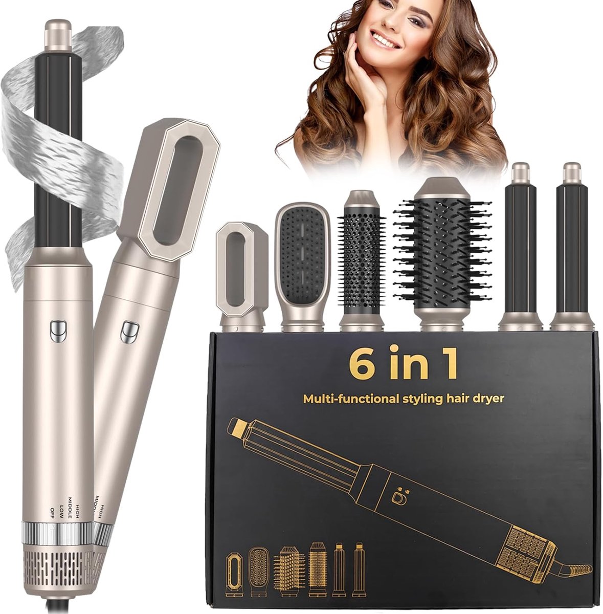 SnelShoppen - 6-in-1 Hairstyler Airstyler Set met Föhn, Krulborstel, Styling Borstel, Volume, Ionen Technologie voor Droog, Steil, Krullen, en Volume