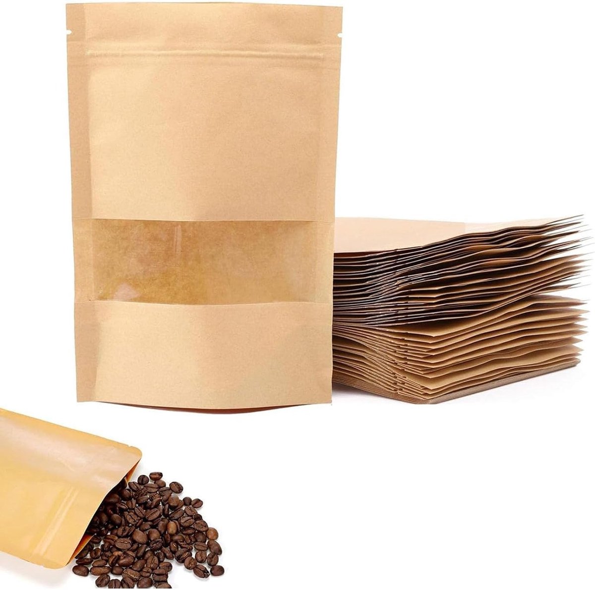 Kraft papieren zakken met venster en ritssluiting, 50 stuks, 10 x 15 cm, herbruikbaar en stevig voor voedsel, snacks en noten