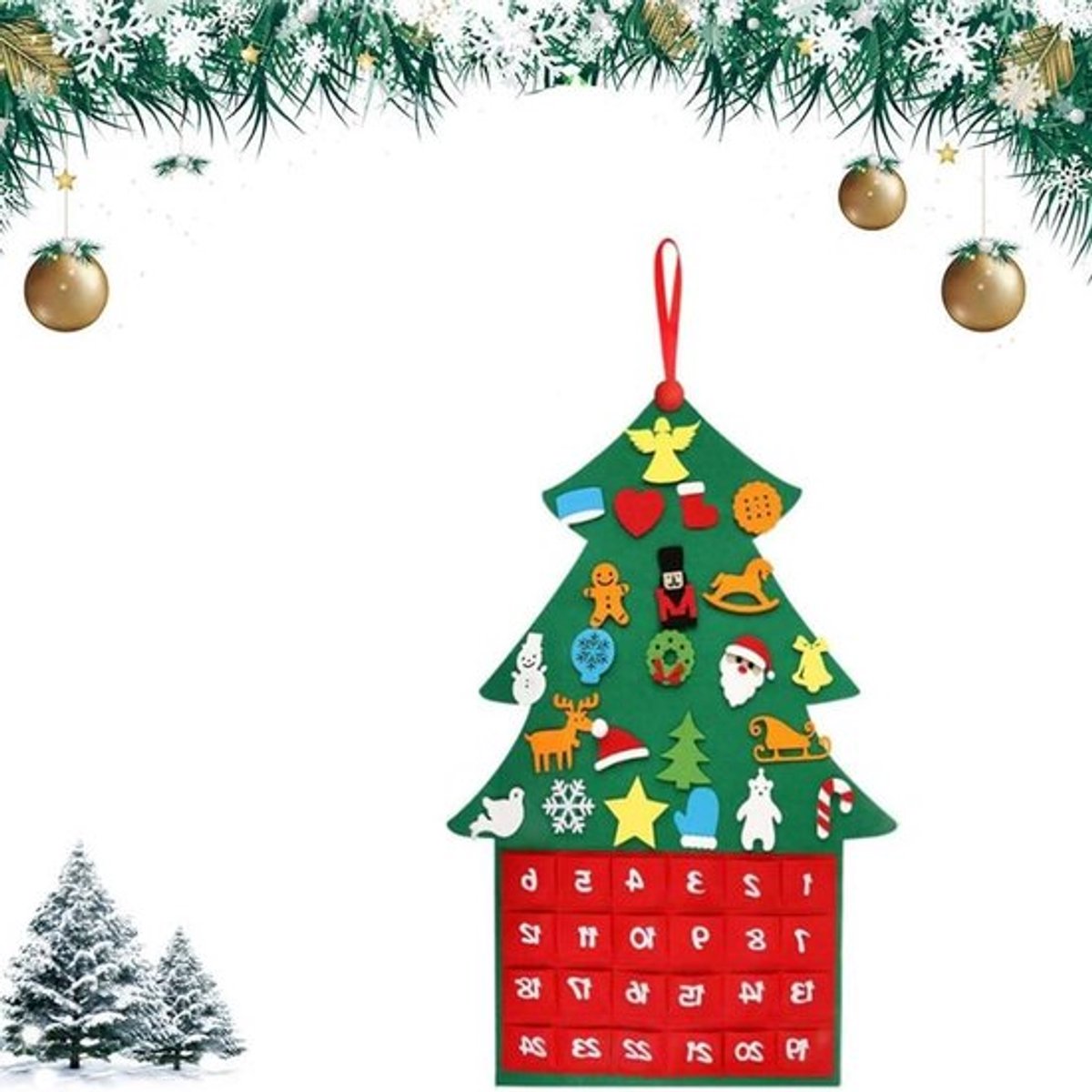 Adventskalender met 24 Vakken van Vilt, DIY Kerstdecoratie voor een Feestelijke Sfeer, Hangende Kalenders voor de Feestdagen