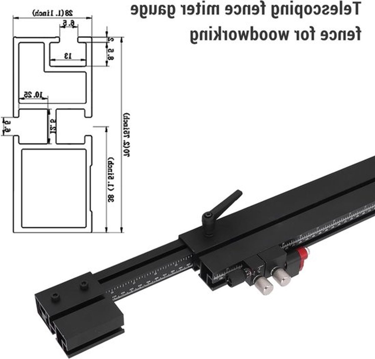 Verstelbare Aluminium Mitre Meter Fence met T-groef en Schalen voor Houtbewerking, 560-950mm Lengte