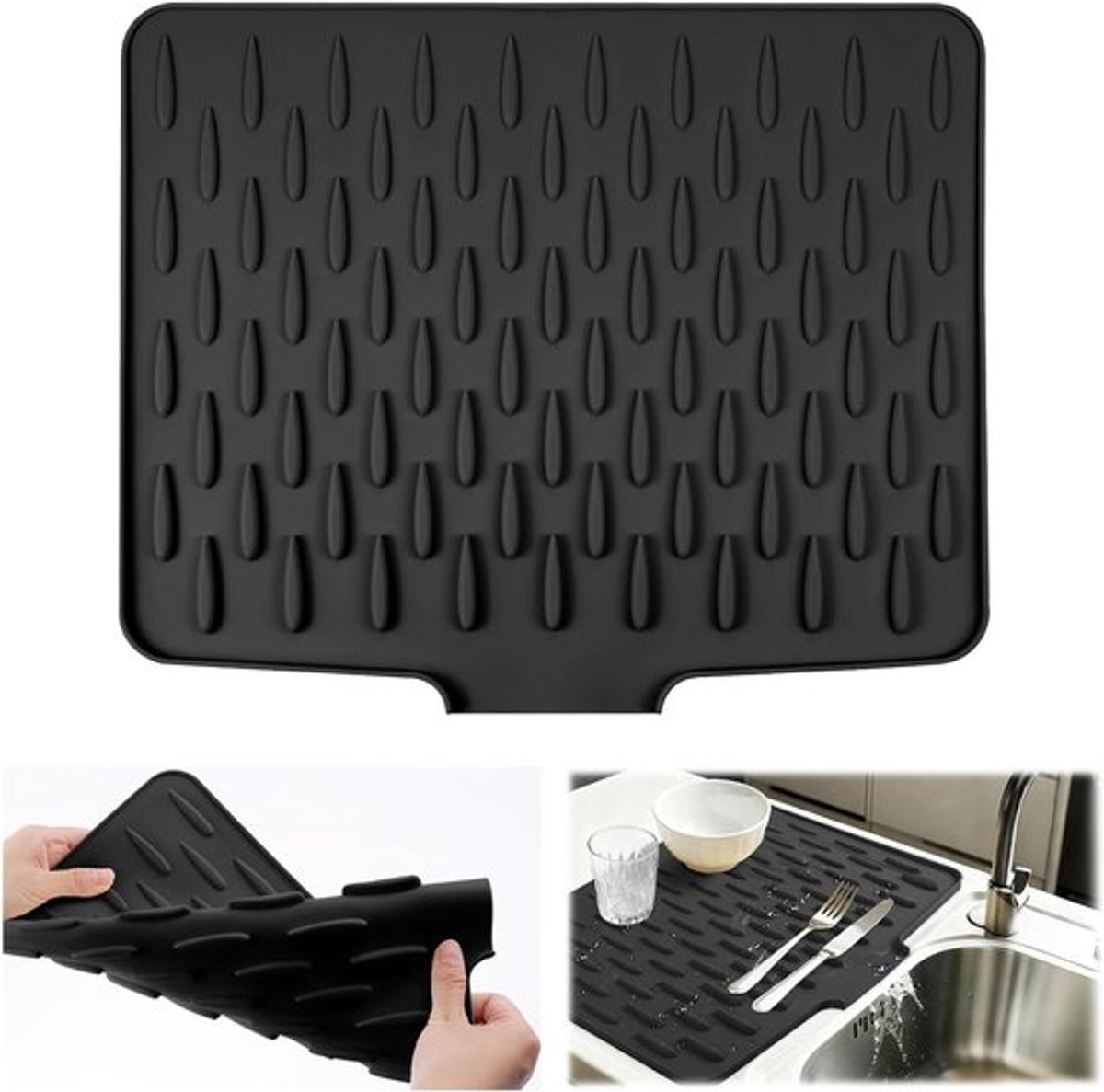 Hittebestendige siliconen afdruipmat voor keuken - Aanrechtbladbeschermer - Droogmat - Antislip afdruiprek - Zwart - Morsvrije mat