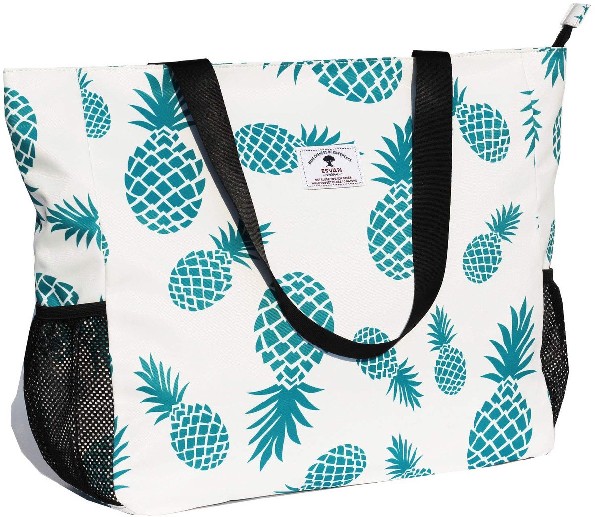 SnelShoppen - Oversized Waterdichte Strandtas Dames 50,8 cm - XL Draagtas voor Sport, Strand, Yoga, Reis met Witte Ananas - Modieuze Lichte Tas voor V