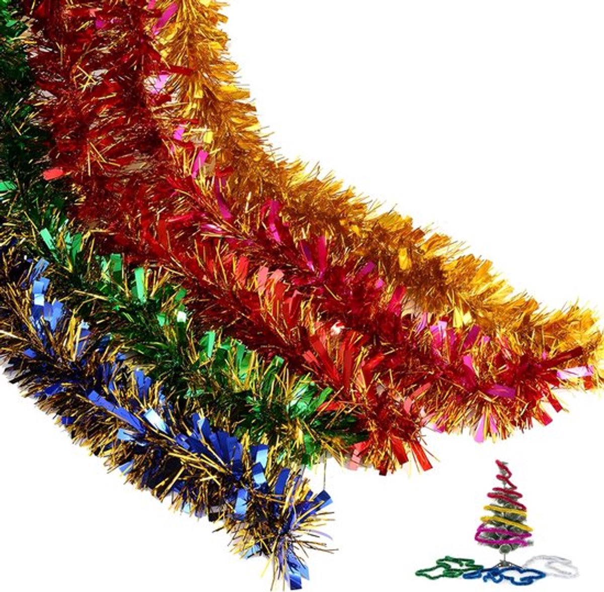 7-delige set luxe gouden en rode kersttinsel - Dikke tinsel voor kerstboomdecoraties - Multicolor regenboog tinsel voor feestelijke versieringen en decoratie