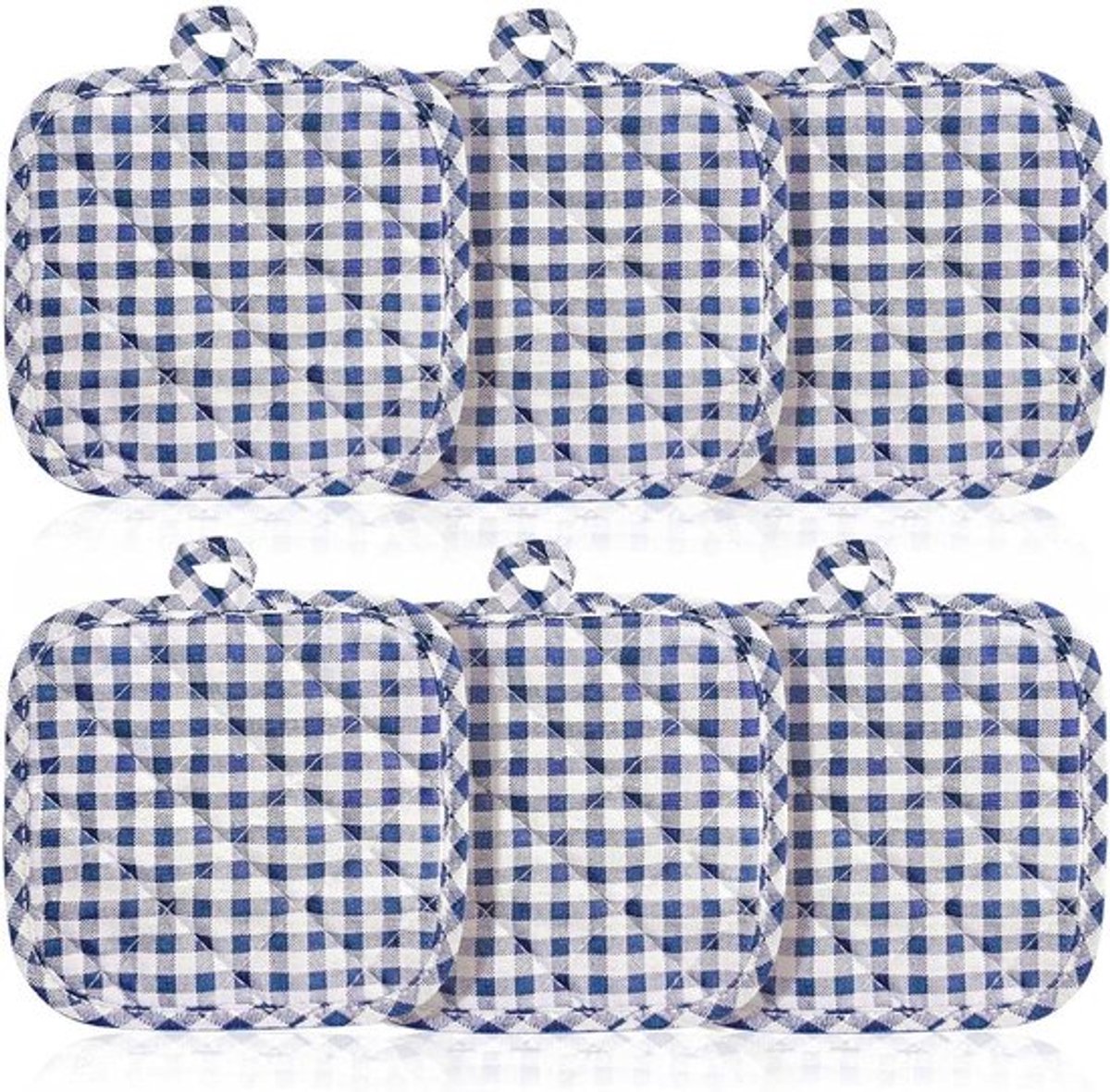 Geruite pannenlappen set van 6 stuks voor keuken - katoenen pannenhouder - keukenopruiming - onderzetters - koken - blauw geruit.