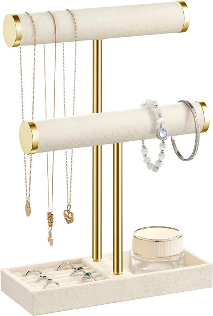 Sieraden Organizer met 2 Niveaus - Beige Sieradenstandaard voor Armbanden, Detachable T-vormige Sieradenhouder, Fluwelen Armbandhouder, Perfect voor Kettingen en Horloges