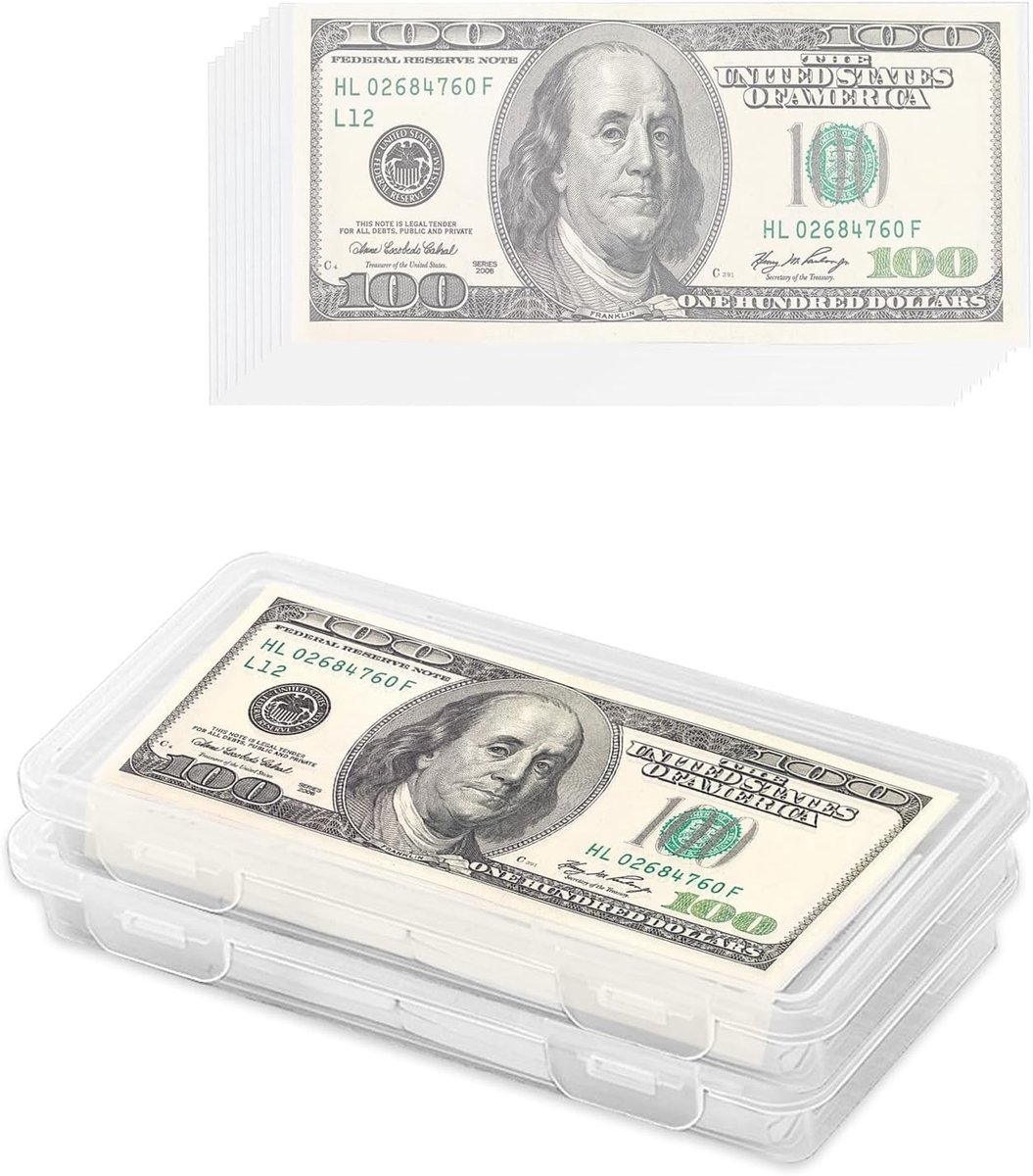 Set van 2 Geldcassette met 100 Stuks Transparante Papieren Geldhouders, Plastic Opbergdoos voor Bankbiljetten, Cash Box en Currency Covers, 19 x 9,5 x 3 cm
