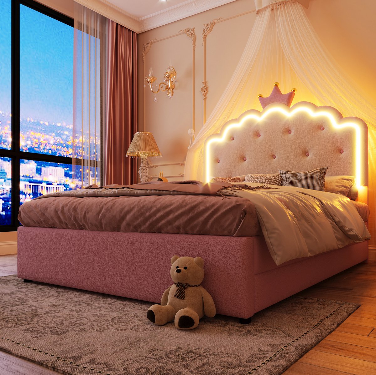 COVREO Bedframe 140x200 cm roze PU, ledlicht, uitziehbed, zonder matras
