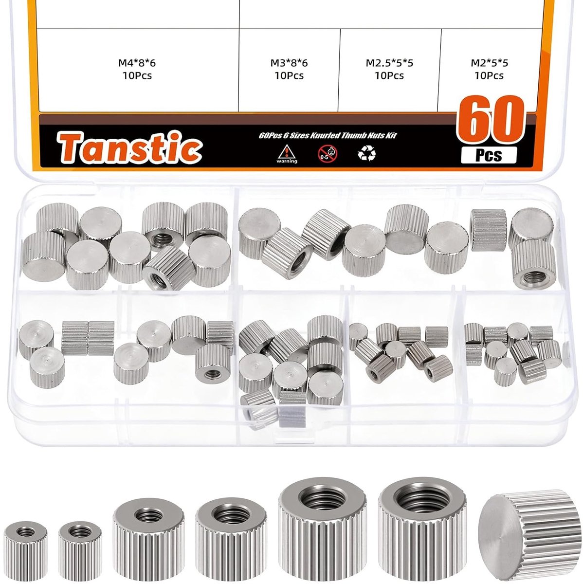 60pcs M2/2.5/3/4/5/6 knurled nuts van koolstofstaal, vlakke lock nuts voor 3D-printeronderdelen en machines, duurzame bevestigingsmaterialen