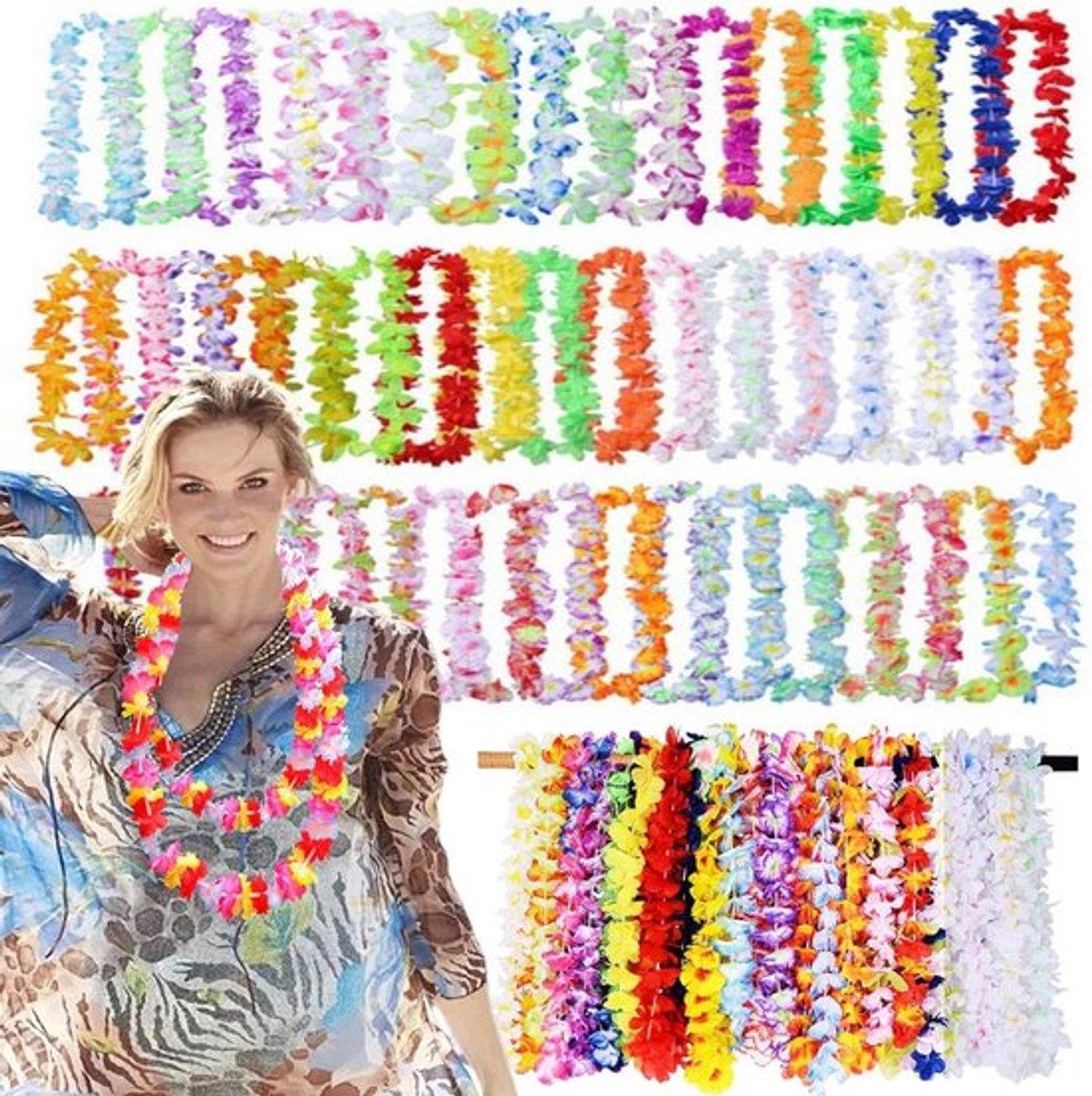 50 stuks Bloemenkettingen voor Hawaii-feestjes en strandthema's - Hawaïaanse bloemen decoratie - Feestaccessoires voor party's, nachten, barretjes, vakanties - Vrolijke sfeer en tropische vibes