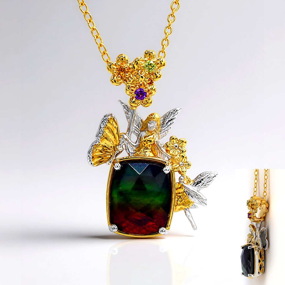 Cavill - Vergulde 925 Sterling Zilver Halsketting - 3,393 ct Ammoliet met Citrien, Peridoot & Amethist - Antieke Rozenvorm - Elegant