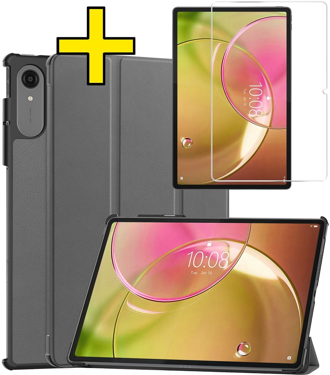 Hoes - Geschikt voor Lenovo Idea Tab Pro Gen 2 - Met Screenprotector - Trifold Bookcase - Hard Cover - Hardcover Book Case - Tablet Hoesje - Grijs