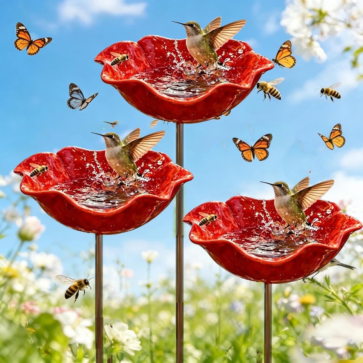 KZQ Metalen Bloem Tuinpaal - 3 Stuks - Met Vogeldrinkbak & Bijenwaterbak - Insectenhotel - Tuinaccessoires - Bloemontwerp - Voor Buiten Tuin Decoratie - Rood