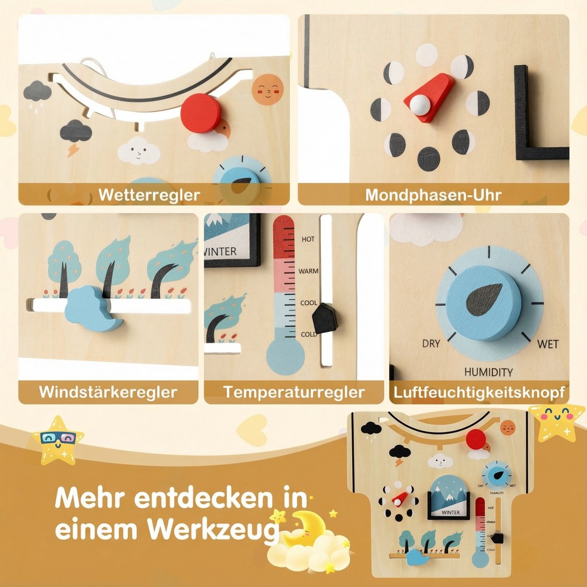 COSTWAY Montessori Motoriekbord vanaf 1 jaar, Busy Board met seizoenen, weer, maanfasen, windkracht, temperatuur en luchtvochtigheid, Montessori-speelgoed voor peuters