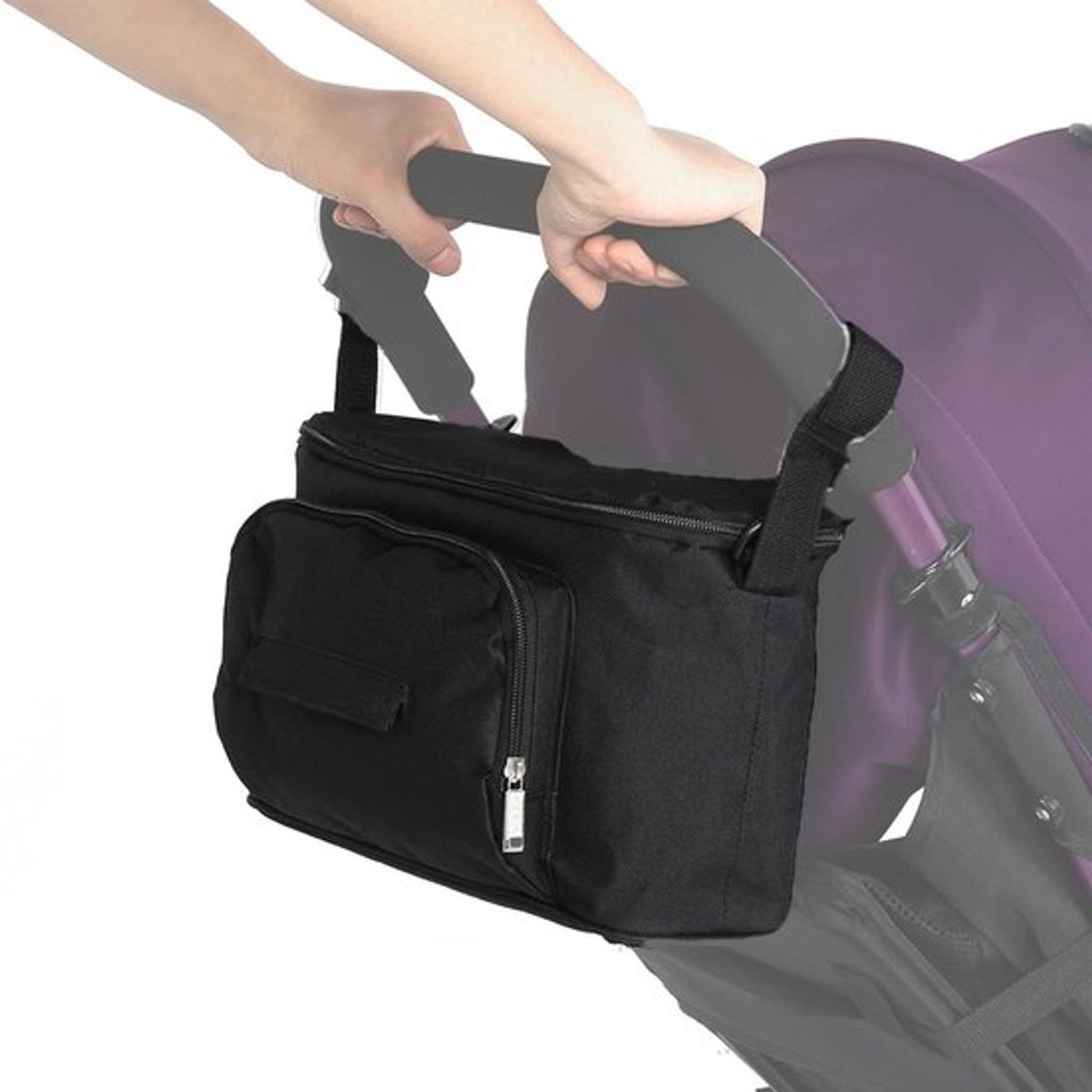 Multifunctionele buggy organizer tas met opbergruimte voor kinderwagen - zwart - handig voor wandelen met baby - inclusief houder voor luiers en flessen.