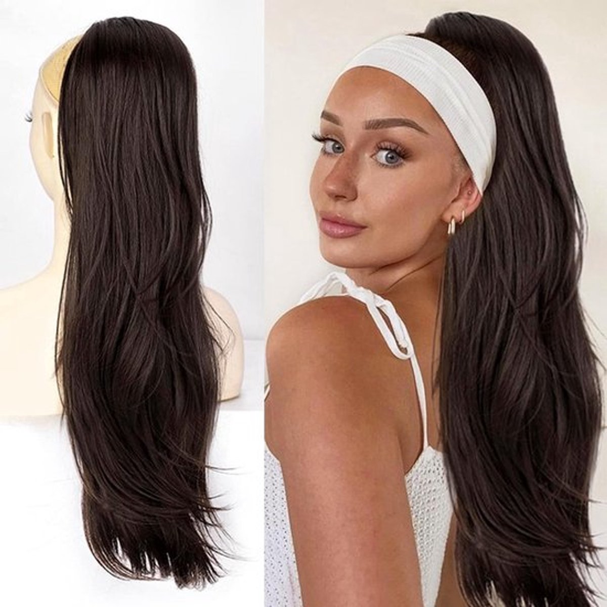 Langste Vlecht Ponytail Haarstuk - Natuurlijke Synthetische Haarextensions voor Vrouwen - Donkerbruin, 65 cm, Recht en Golvend Haar
