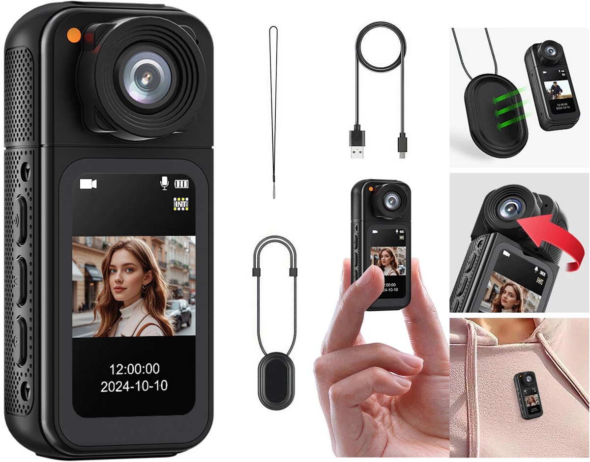 1080p mini-actiecamera - Draagbare camcorder - S83 huisdiercamera - Thumb-actiecamera - Zakcamera - 180° draaibare lens - Lange batterijduur - ABS+PC materiaal - Waterdicht - Geschikt voor motorrijden, fietsen en vloggen - Zwart