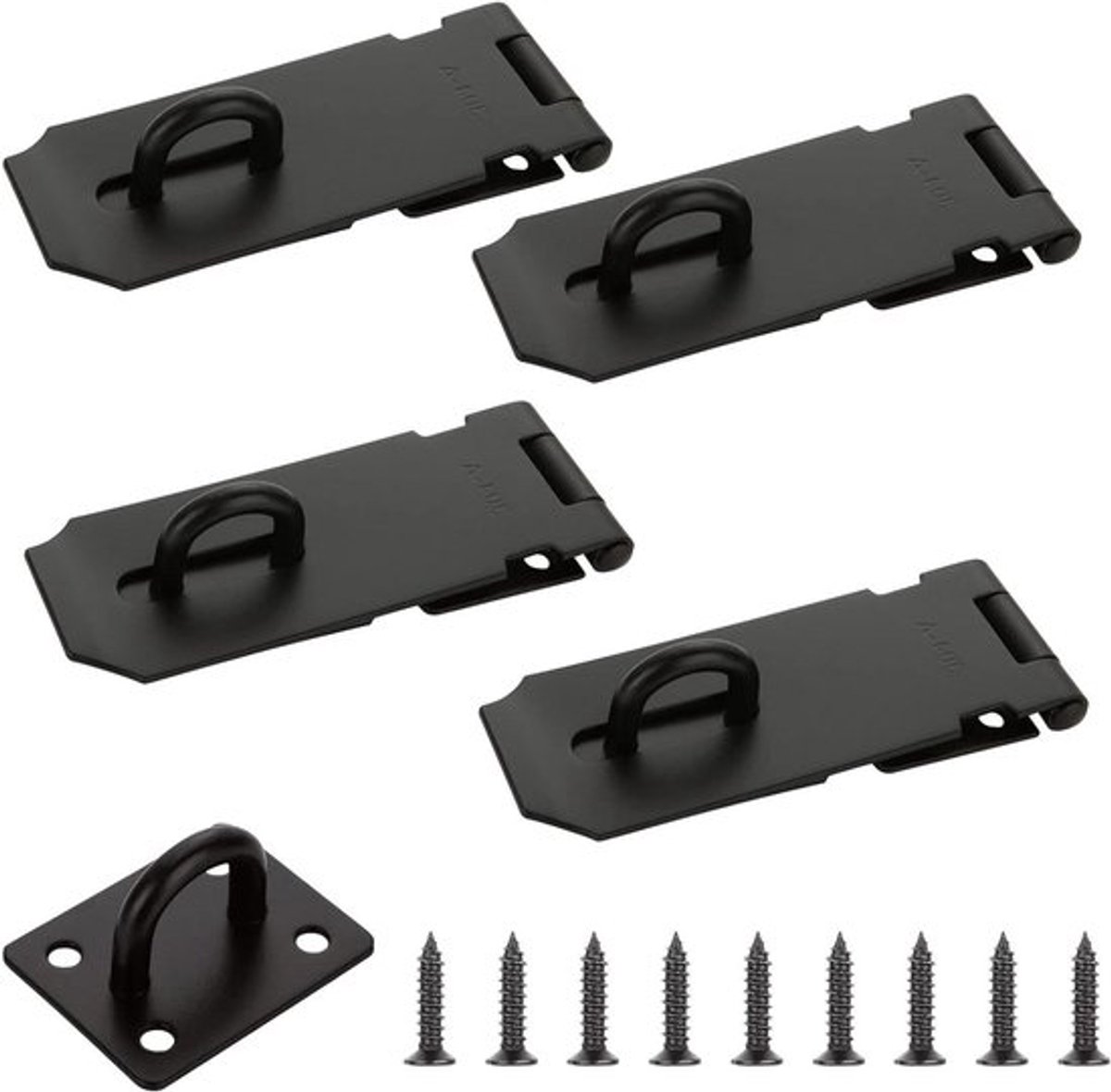 Hangslot-kliksloten set van 4, roestvrij stalen sluiting voor tuin en deuren - 10,5 cm - met 36 schroeven - zwart