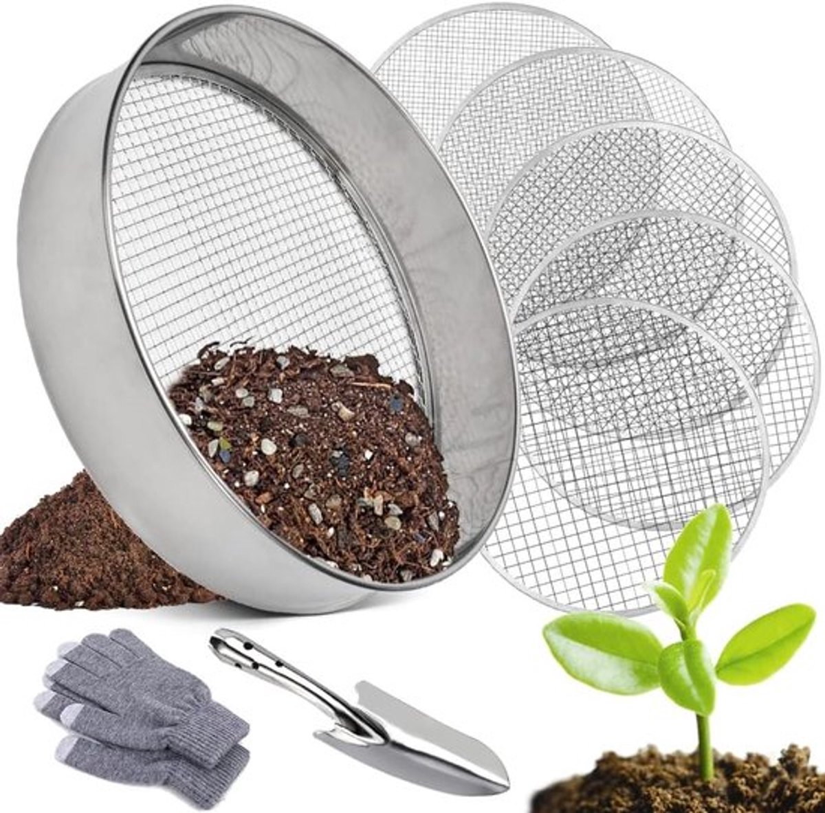 Ronde Tuinsieve 30 cm met 5 Verwisselbare Zeefinzetten voor Compost, Grond en Zaden