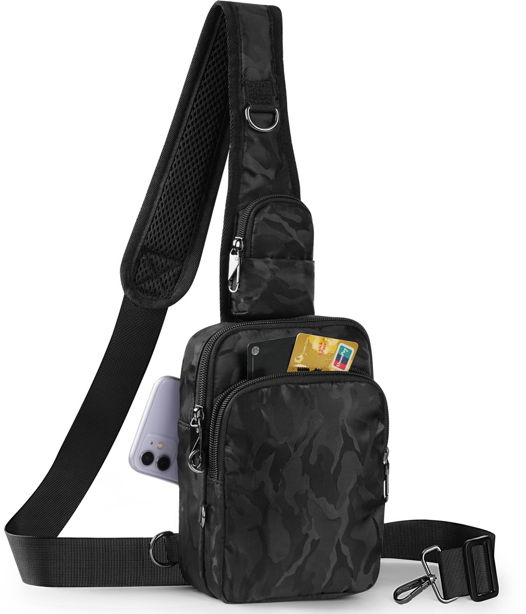 SnelShoppen - Anti-diefstal schoudertas Chest Crossbody Bag, Waterdicht Sling Bag, Camouflage, Zwart, Klein, Met Ritssluiting Lock en RFID-blokkering