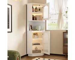 MODENUIT Hoekkast Badkamer – Lichtstrip En Open Vak – Met Glazen Deur – MDF Wit – 45 x 45 x 166,5 Cm