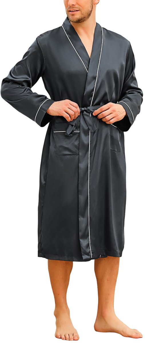 SnelShoppen - Satijnen badjas heren XL, lichtgewicht ochtendjas donkergrijs, luxe badjas voor thuis, wellness, relaxen, perfect voor elke gelegenheid