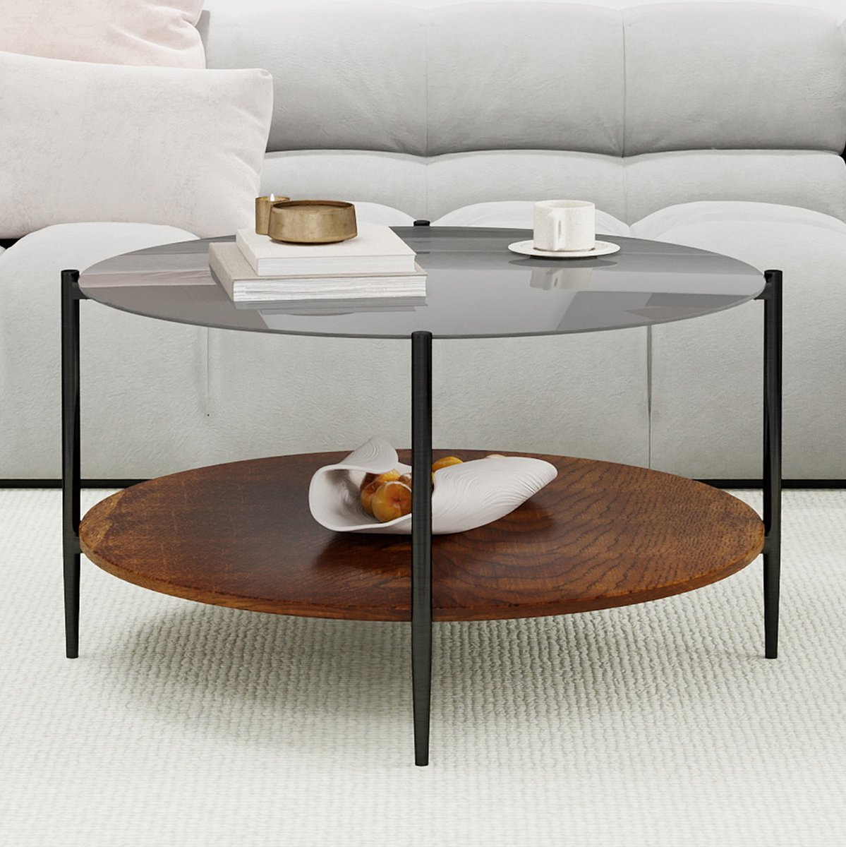 REDOM - Salontafel - Rond tweelaags ontwerp met open opbergruimte - Moderne stijl - Woonkamer - Glas, hout, metaal - Zwart, Naturel - 82 x 82 x 45 cm