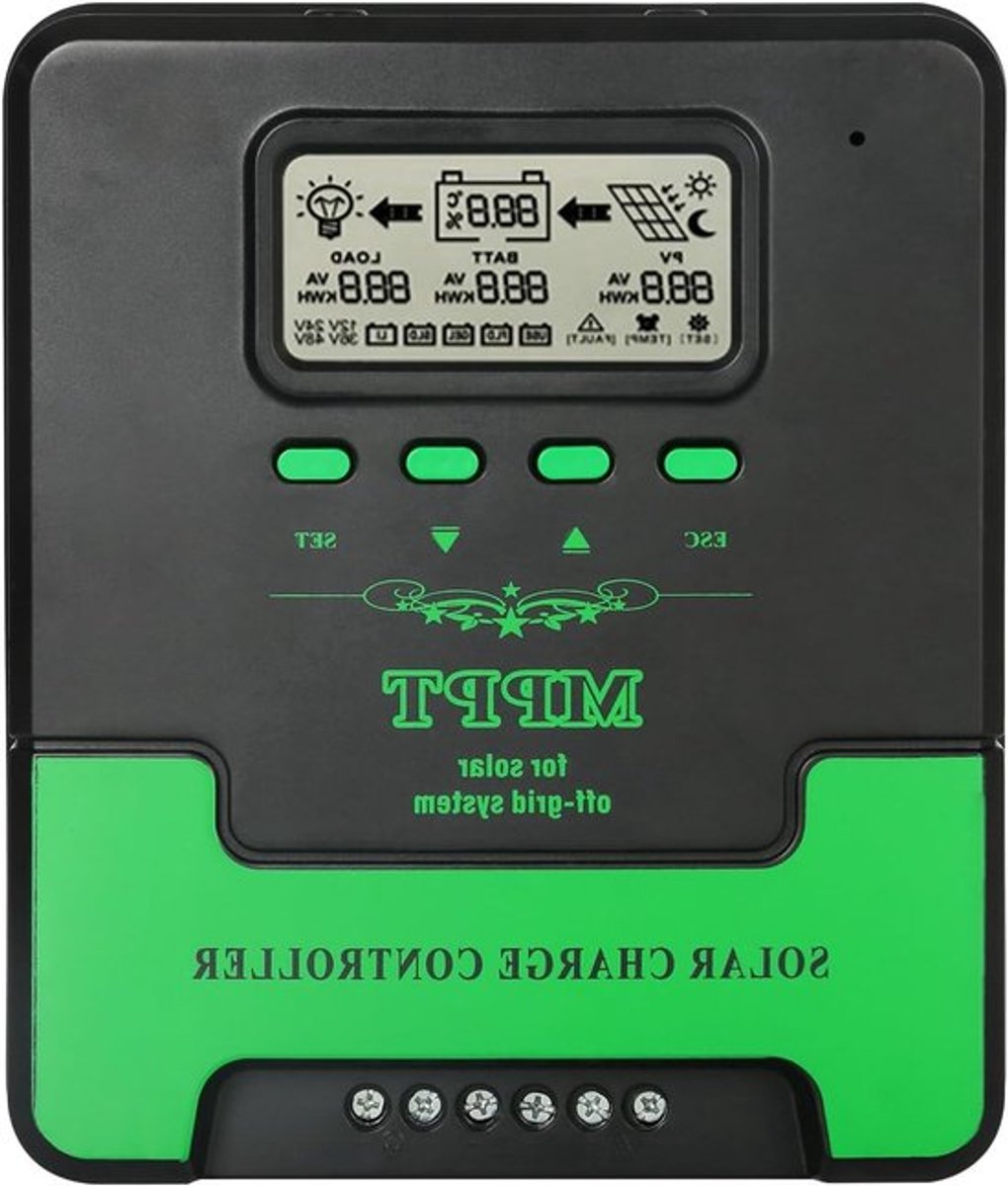 MPPT Laadcontroller voor 12/24V Auto en Zonne-energie, LCD Scherm, Instelbare Max PV 100V DC Ingang, Geschikt voor AGM, Gel en Loodzuur Accu's, Ideaal voor Zonnepanelen