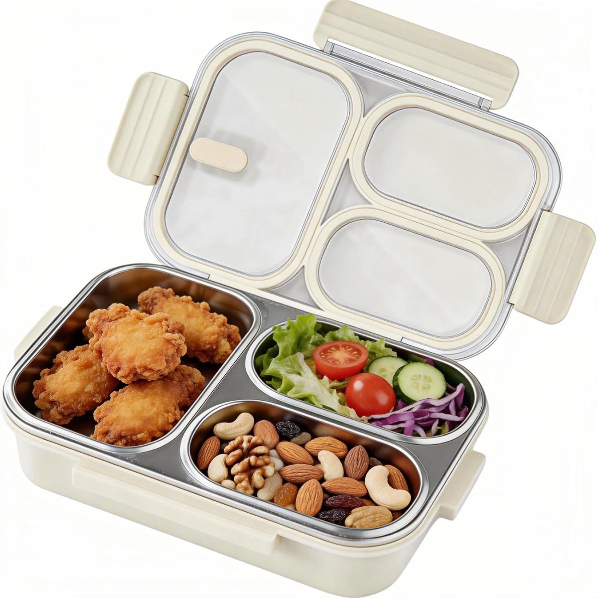 KZQ Roestvrijstalen bento box met 3 vakken - Lekvrij deksel en magnetronbestendig - Eenvoudig schoon te maken en ideaal voor school werk en reizen - Gebroken wit