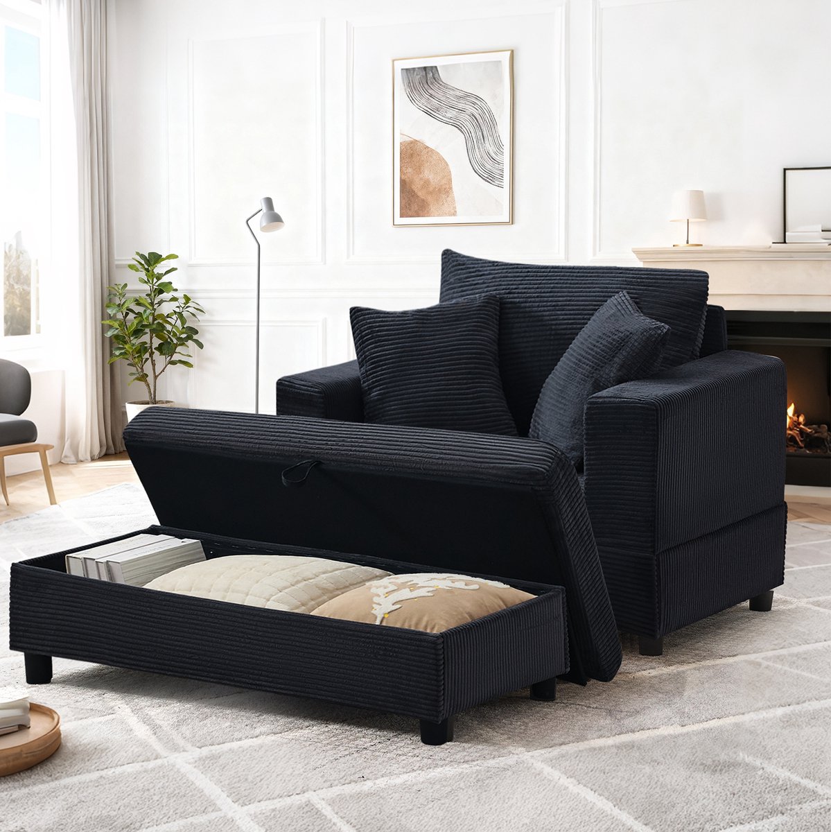 REDOM - Chaise longue - Opbergruimte en voetenbank - 3 kussens - Modern - Woonkamer en slaapkamer - Kordstof - Zwart - 107 x 74 x 57 cm