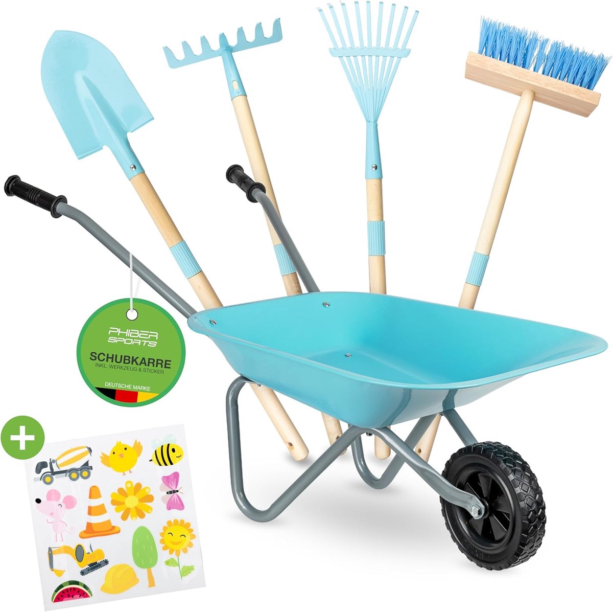 SnelShoppen - Kinderschop + Tuingereedschap voor Kinderen van Metaal - Inclusief Schop, Babybezem, Kinderhark, Lavrock + Weerbestendige Stickers - Voo