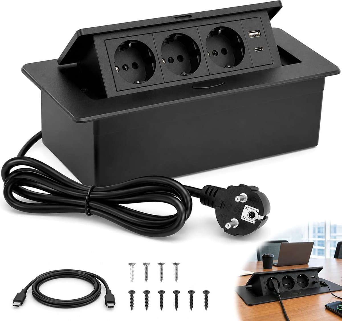 SnelShoppen - Inschuifbaar Stopcontact 3680W/16A/230V - 3-voudig Inbouwstopcontact Zwart voor Thuis, Keuken, Tuin en Camping