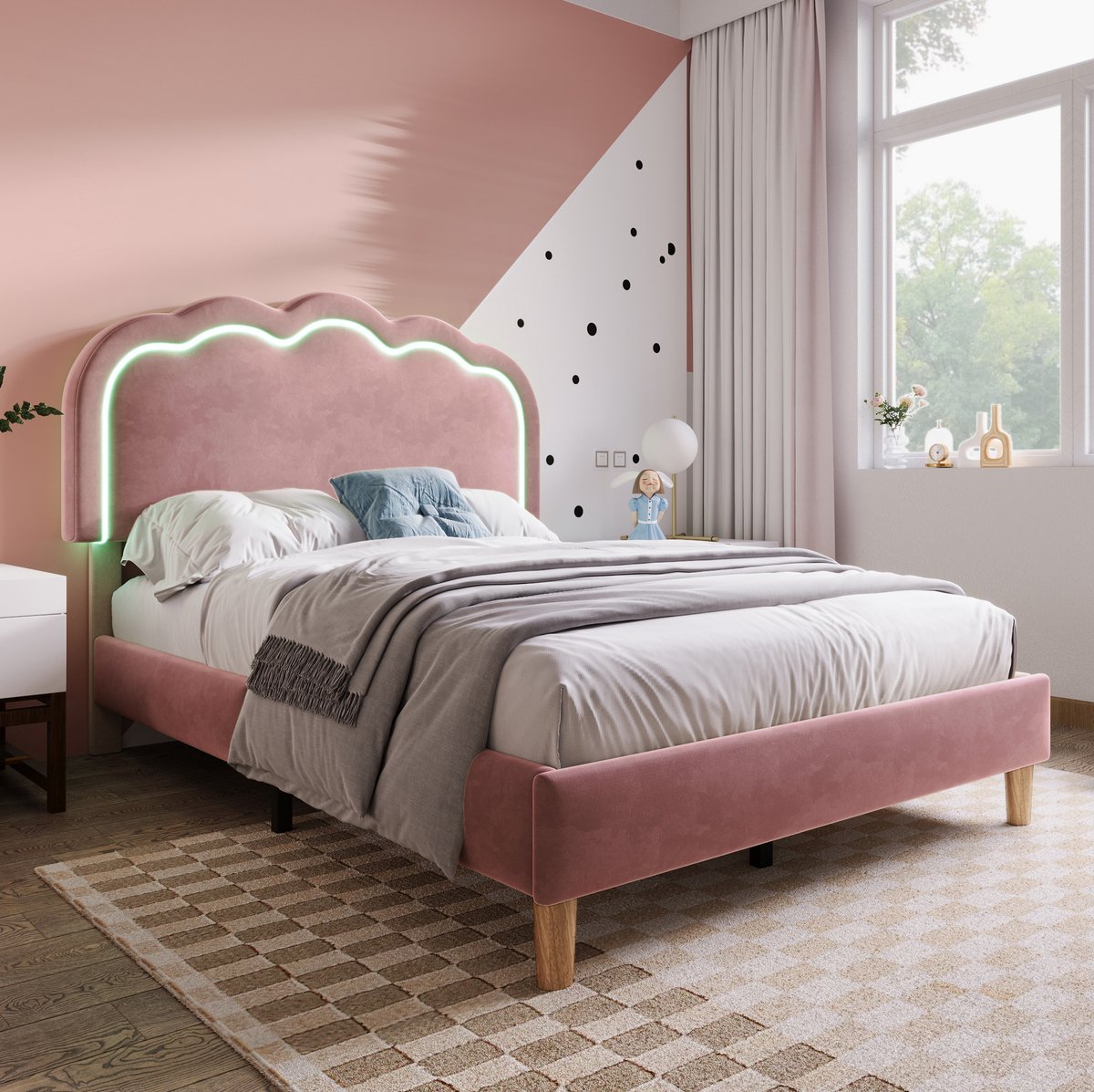 DESMIU Gestoffeerd Bed 90x190 cm – LED-Hoofdbord Met Verstelbare Hoogte – Lattenbodem – Zonder Matras – Voor Slaapkamer Of Logeerkamer – Fluweel – Roze