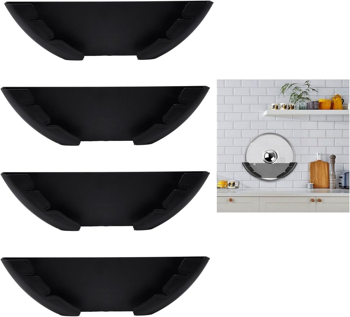 4-delige Muurhouder voor Pannenlids, Geschikt voor Lids van 15-32 cm, Zwart Kunststof, Ideaal voor Keukenorganisatie en Ruimtebesparing
